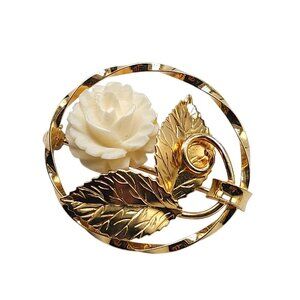 Vintage 14KGF Karen Lynne Circle Brooch With Carved White Rose Gold Leaf Design